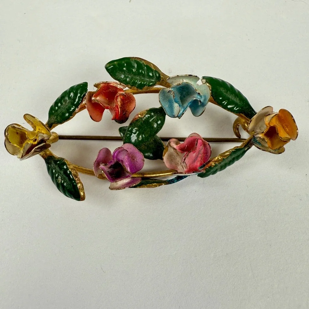 Austria Enamel Flower Brooch pin  Multicolor Vintage Floral bar wreath